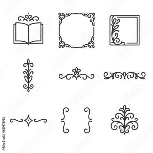 Book Decoration Icons. Outline icon set of book vignette decorations: chapter opener, page border, drop cap frame, margin ornament