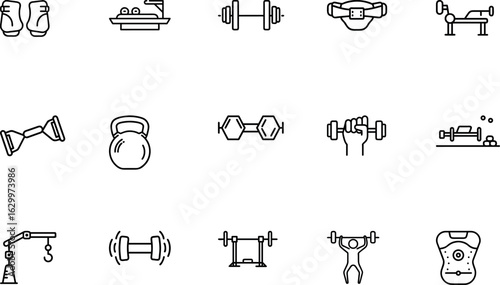 Strength training and equipment icons with dumbbell, barbell, belt, and machine