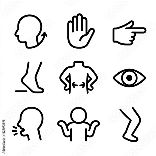 Body Motion Icons. Outline icon set of body motion: head nodding, hand waving, finger pointing, foot stepping, torso twisting, eye