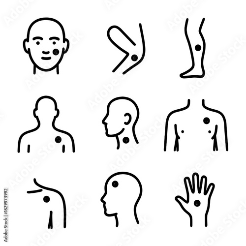Body Birthmark Icons. Outline icon set of birthmark locations: face, arm, leg, back, neck, chest, shoulder, scalp, hand. Line
