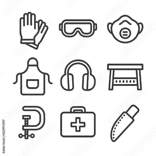 Carving Safety Icons. Outline icon set of carving safety gear: gloves, safety goggles, dust mask, apron, ear protection, carving