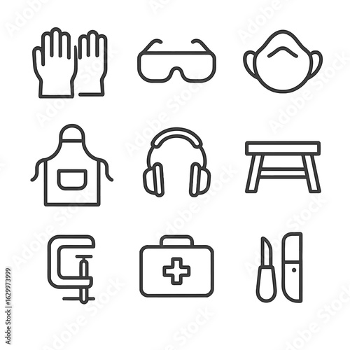 Carving Safety Icons. Outline icon set of carving safety gear: gloves, safety goggles, dust mask, apron, ear protection, carving