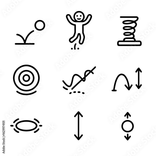Bounce Effect Icons. Outline icon set of animation bounce effects: bouncing ball, jumping character, spring motion, recoil effect,
