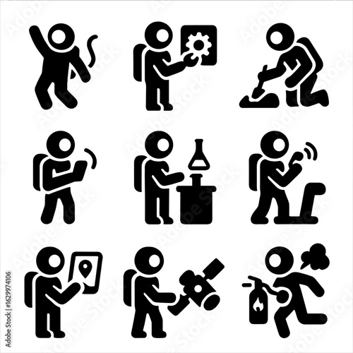 Astronaut Activity Icons. Solid, filled icons set of astronaut activities: spacewalk, equipment repair, sample