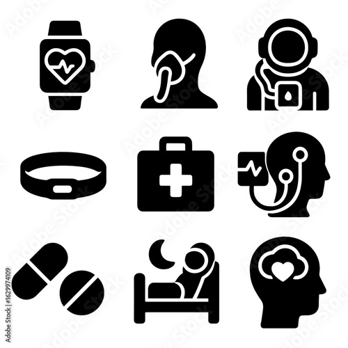 Astronaut Health Icons. Solid, filled icons set of astronaut health monitoring: heart rate monitor, oxygen