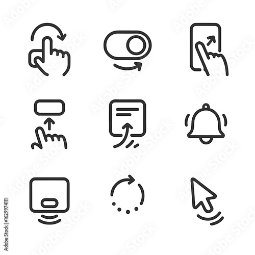 Bounce Icons Grid. Outline icon set of bounce user interface: button press, toggle bounce, swipe bounce, drag release, elastic
