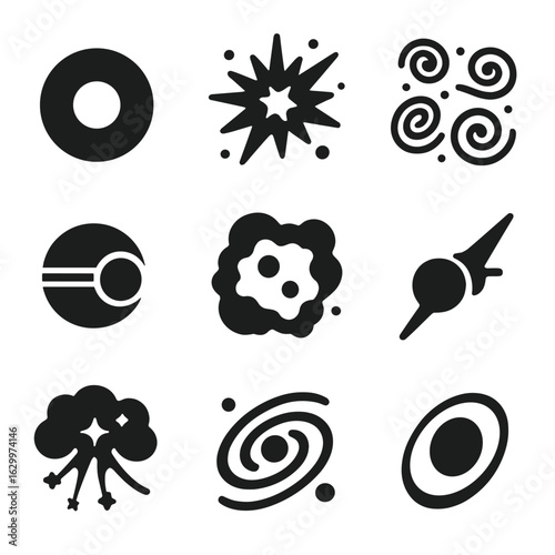 Astronomical Discoveries Icons. Solid, filled icons set of astronomical discoveries via telescopes: black hole