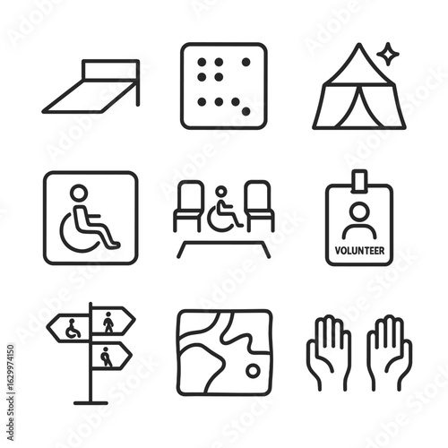 Accessible Events Icons. Outline icon set of organizing accessible events: ramped stage, braille sign, sensory room tent,