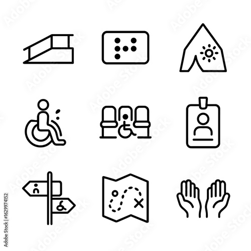Accessible Events Icons. Outline icon set of organizing accessible events: ramped stage, braille sign, sensory room tent,