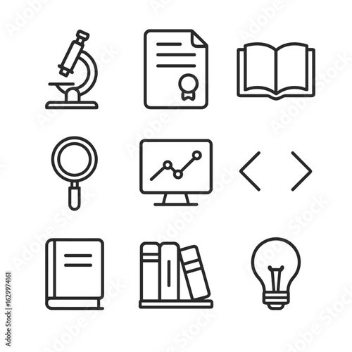 Academic Icon Grid. Outline icon set of research and thesis work: microscope, thesis document, open book, magnifying glass, data