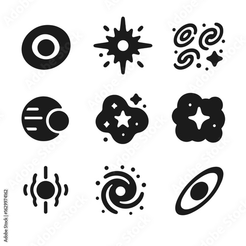 Astronomical Discoveries Icons. Solid, filled icons set of astronomical discoveries via telescopes: black hole