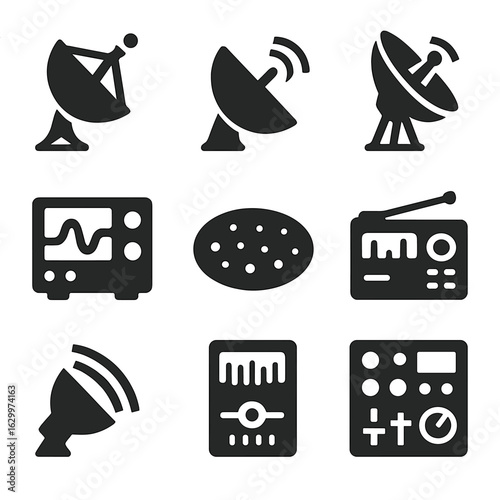 Astronomical Equipment Icons. Solid, filled icons set of astronomical communication equipment: radio telescope