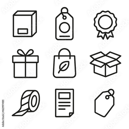 Brand Packaging Icons. Outline icon set of brand packaging: product box, label design, seal sticker, gift wrap, eco packaging,