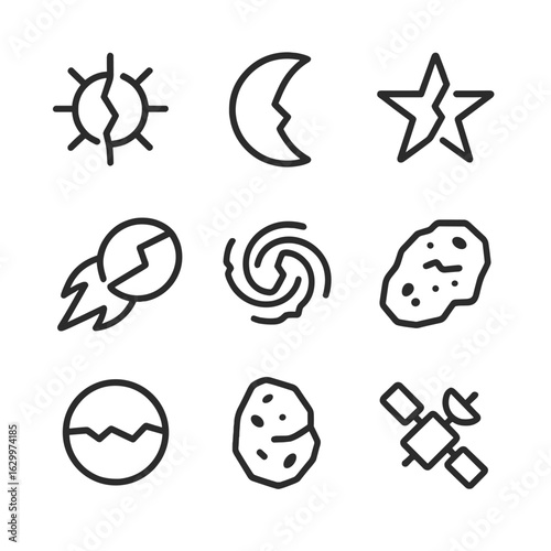Celestial Fracture Icons. Outline icon set of schism celestial: divided sun, broken moon, fractured star, parted comet, shattered