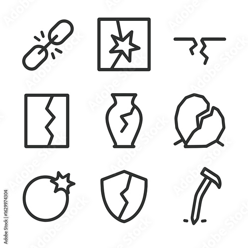 Breaking Stress Icons. Outline icon set of breaking stress: snapped chain, broken window, cracked earth, torn paper, shattered