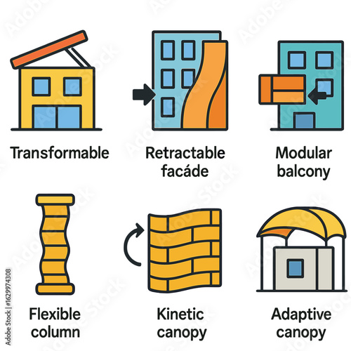 Adaptive Architecture Icons. Flat vector mini-illustrations of adaptive architectural designs for future cities in colors children