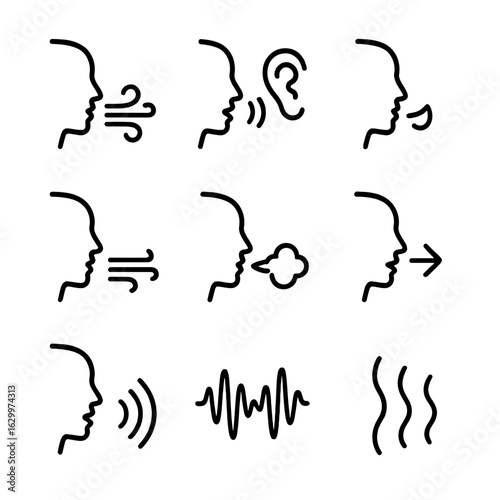 Breath and Sound Icons. Outline icon set of breath and sound: blowing wind, whisper, sigh, breath sound waves, soft exhale, inhale