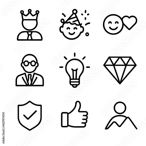 Brand Tone Icons. Outline icon set of tone in branding: authoritative, playful, friendly, professional, innovative, luxurious,