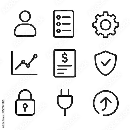 Administrative Icon Set. Outline icon set of administrative controls: user management, enrollment list, course settings cog,