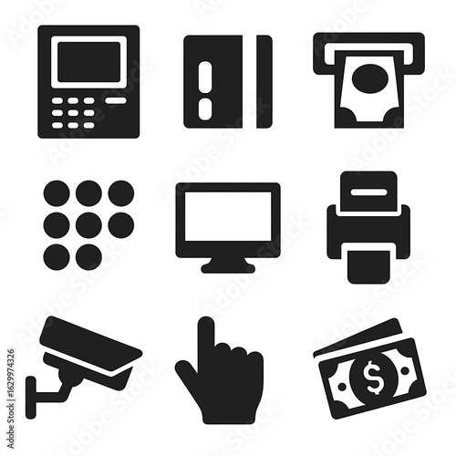 ATM Icon Grid. Solid, filled icons set of ATM and cash withdrawal abroad: ATM machine, card insertion, cash