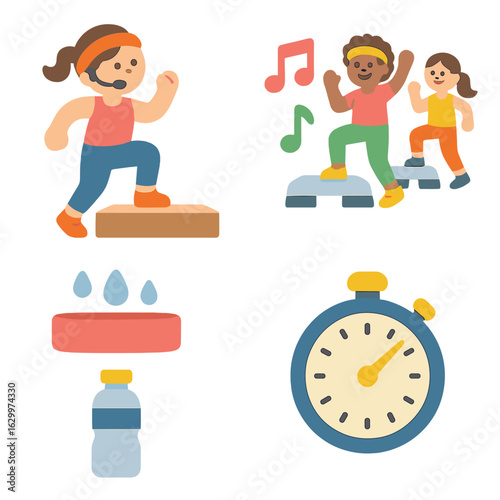Aerobics Class Icons. Flat vector mini-illustrations Aerobics instructors on stage in colors children’s illustrations: instructor