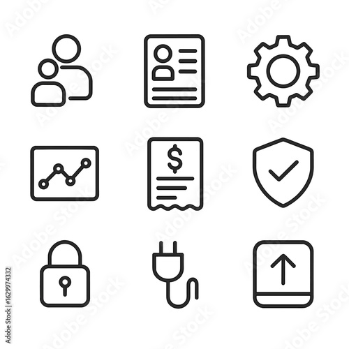 Administrative Icon Set. Outline icon set of administrative controls: user management, enrollment list, course settings cog,