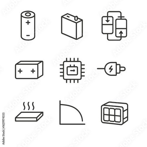 Advanced Battery Icons. Outline icon set of advanced battery technologies: lithium-ion cell, solid-state battery, redox flow tank,