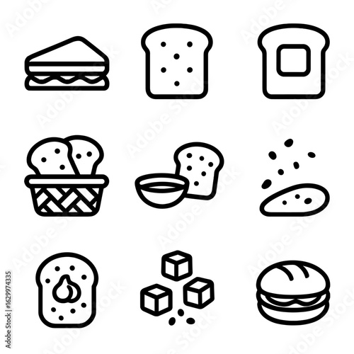 Bread Icons Collection. Outline icon set of bread consumption: sandwich, toast, bread slice with butter, bread basket, dipping oil