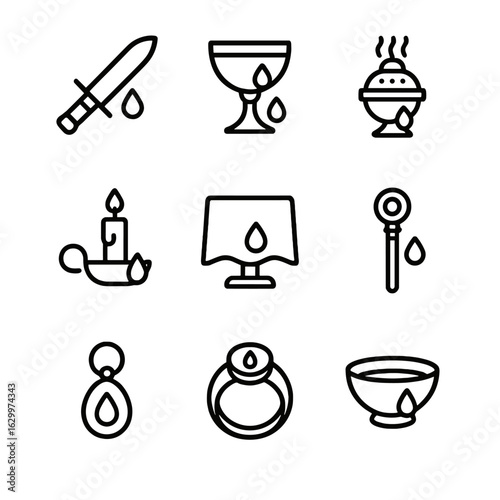 Ceremonial Icon Set. Outline icon set of blood in ceremonial objects: sacred knife, chalice, incense burner, candle holder, altar