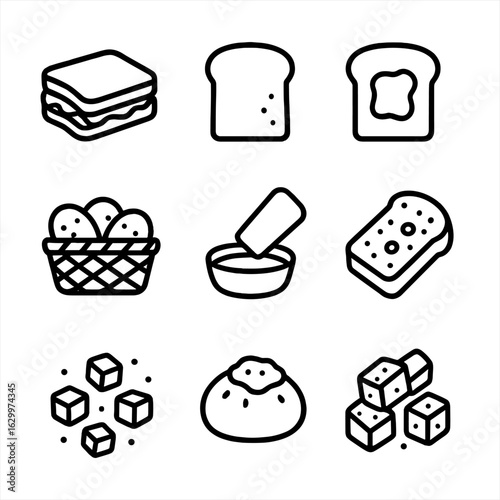 Bread Icons Collection. Outline icon set of bread consumption: sandwich, toast, bread slice with butter, bread basket, dipping oil