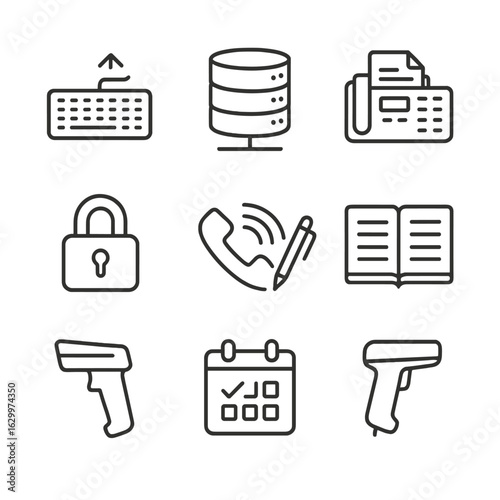 Administrative Insurance Icons. Outline icon set of administrative insurance tasks: data entry keyboard, database server, fax