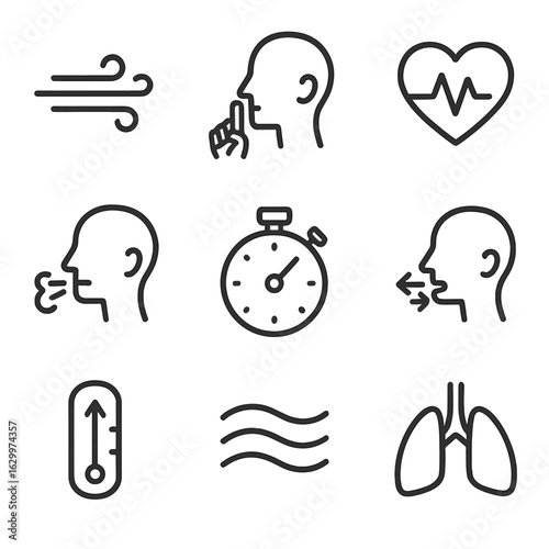 Breath Control Icons. Outline icon set of breath control: air flow, breath hold, pulse, stopwatch, deep inhale, exhale arrows,