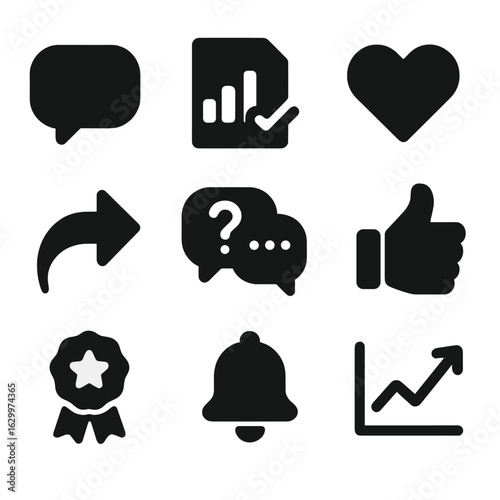 Audience Engagement Icons. Solid, filled icons set of audience engagement: comment section, poll icon, heart