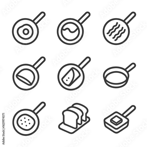 Breakfast Pan Icons. Outline icon set of breakfast pans: egg pan, pancake pan, bacon pan, crepe pan, omelette pan, mini skillet,