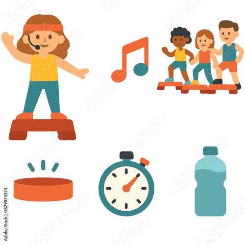 Aerobics Class Icons. Flat vector mini-illustrations Aerobics instructors on stage in colors children’s illustrations: instructor