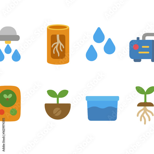 Aeroponic Icons Grid. Flat vector mini-illustrations aeroponic misting towers in colors children's illustrations: spray nozzle,