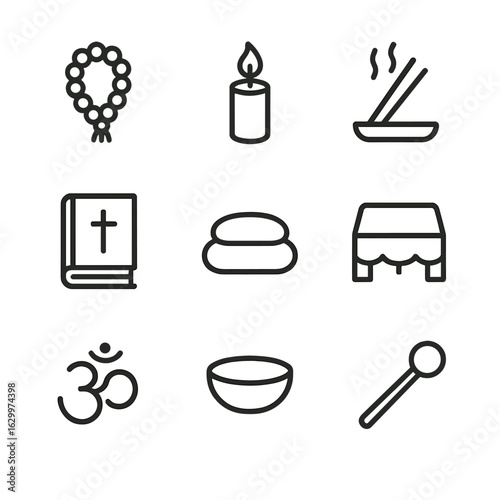 Chant Objects Icons. Outline icon set of chant objects: prayer beads, candle, incense, scripture book, meditation cushion, altar
