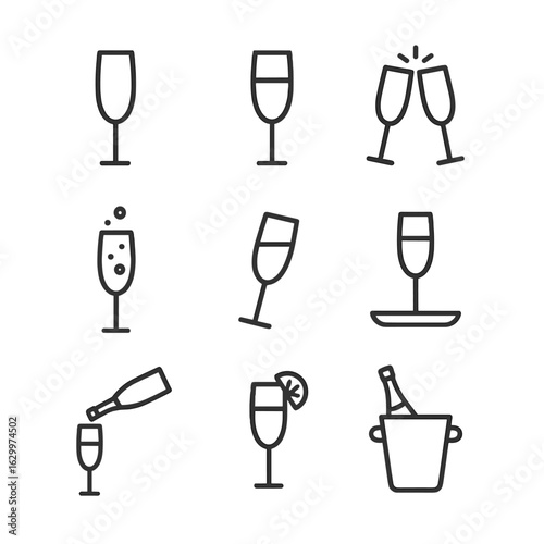 Champagne Flute Icons. Outline icon set of champagne flute: empty flute, filled flute, clinking flutes, sparkling bubbles, tilted