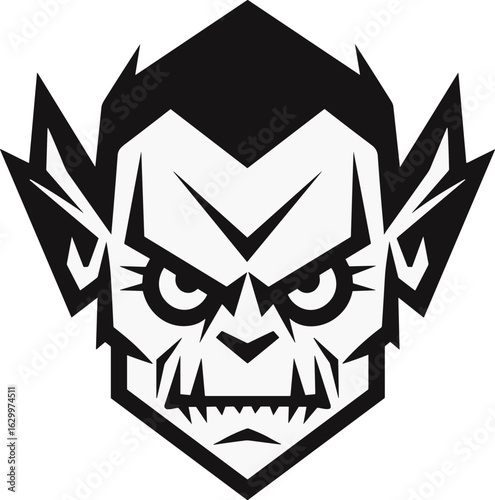 Intense Gothic Vampire Head Icon: A Chilling Black and White Vector Illustration of a Mythical Creature for Halloween and Horror Designs.