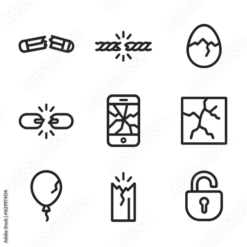 Breaking Threshold Icons. Outline icon set of breaking threshold: snapped pencil, torn rope, cracked shell, broken chain,