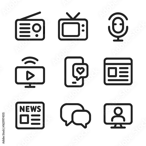 Broadcast Platforms Icons. Outline icon set of broadcast platforms: radio, television, podcast, streaming, social media, blog,