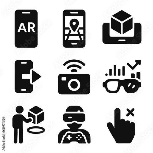 Augmented Reality Icons. Solid, filled icons set of augmented reality applications: smartphone AR, GPS overlay