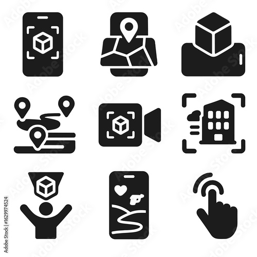 Augmented Reality Icons. Solid, filled icons set of augmented reality applications: smartphone AR, GPS overlay