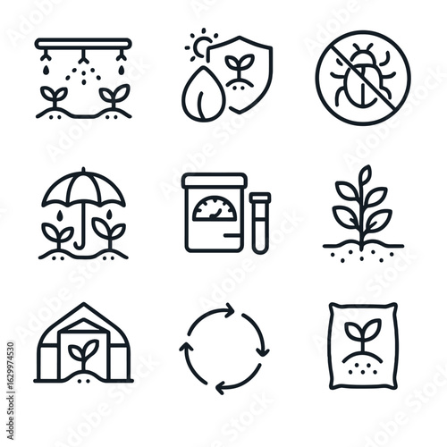 Agriculture Strategy Icons. Outline icon set of mitigation and adaptation strategies: irrigation system, drought-resistant seed,