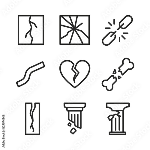 Breaking Point Icons. Outline icon set of breaking point: cracked wall, shattered glass, snapped chain, exploding bomb, bent metal