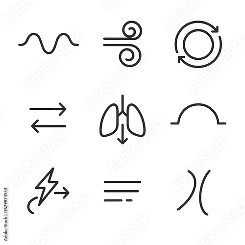 Breath Icon Set. Outline icon set of breath visualization: wave breath path, air spirals, expanding and contracting circles,