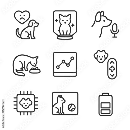 AI Animal Icon Set. Outline icon set of AI animal companions: emotion sensor, holographic avatar, voice recognition module,