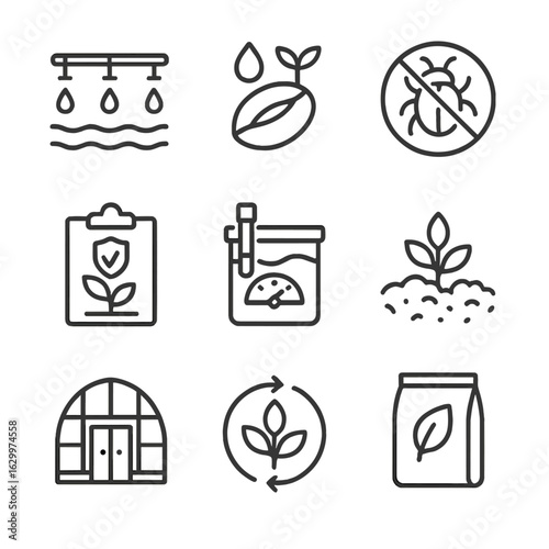 Agriculture Strategy Icons. Outline icon set of mitigation and adaptation strategies: irrigation system, drought-resistant seed,