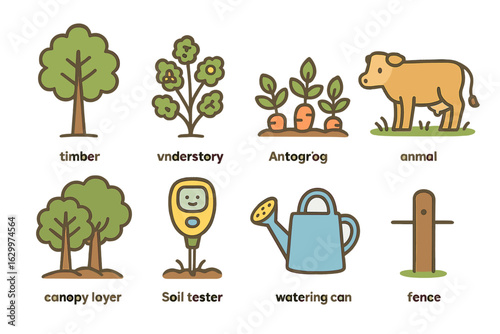 Agroforestry Kids' Icons. Flat vector mini-illustrations agroforestry system integration in colors children's illustrations: