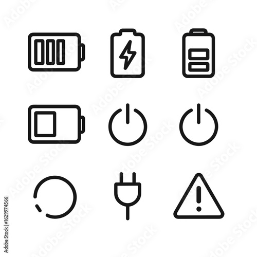 Charging Icons Set. Outline icon set of charging indicators and status: battery level, charging icon, full battery, low battery,
